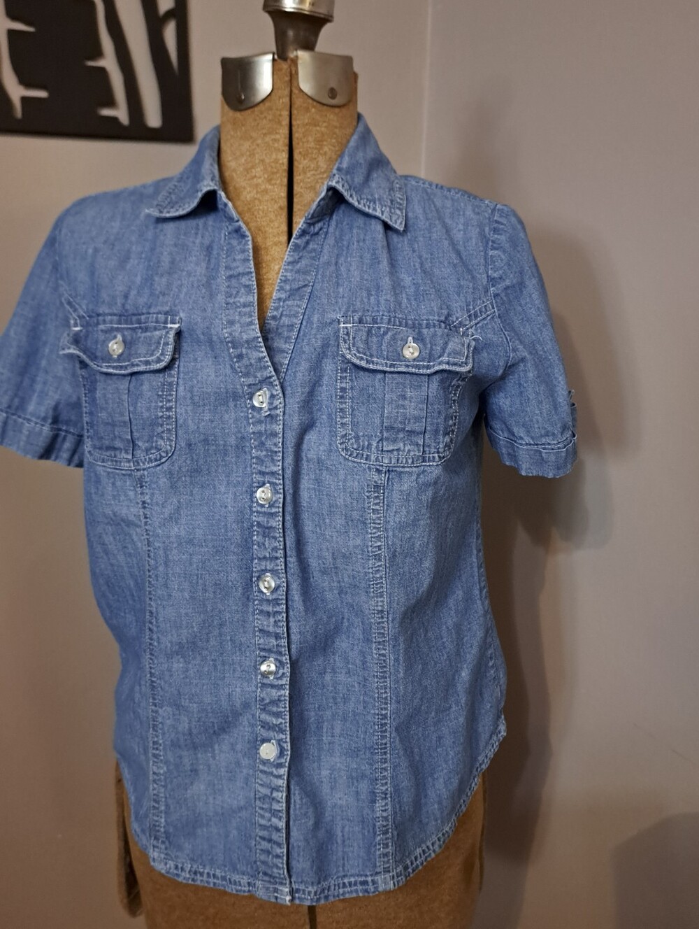 Classic Karen Scott Short Sleeve Denim Button-Up Shirt - Blue Sz PM